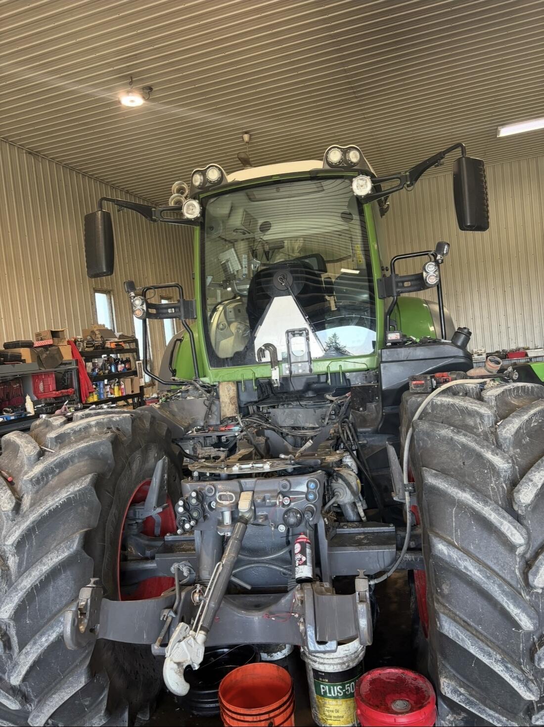 Fendt tractor opened up for repair in the JCR shop